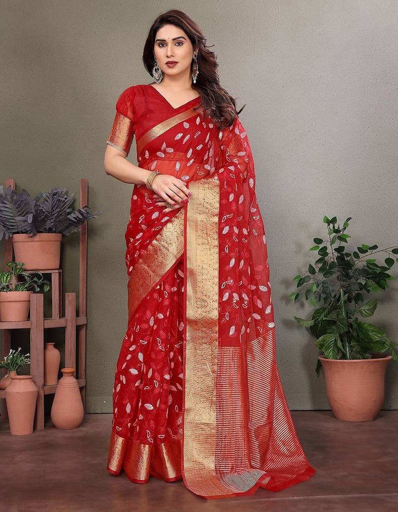 Red organza woven zari work saree with blouse