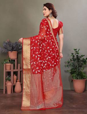 Red organza woven zari work saree with blouse 2
