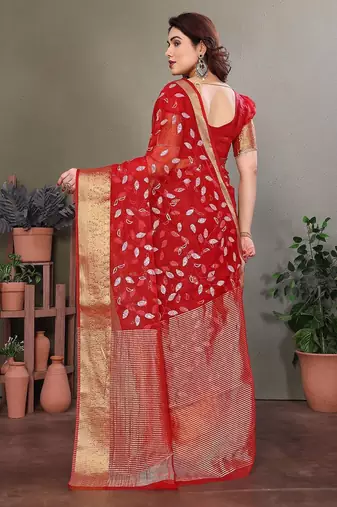 Red organza woven zari work saree with blouse