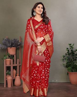 Red organza woven zari work saree with blouse 3