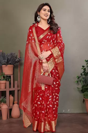 Red organza woven zari work saree with blouse