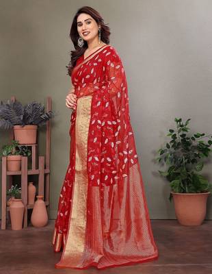 Red organza woven zari work saree with blouse 4