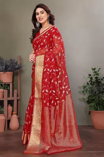 Red organza woven zari work saree with blouse