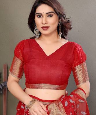 Red organza woven zari work saree with blouse 5