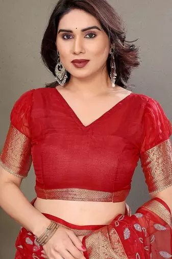 Red organza woven zari work saree with blouse
