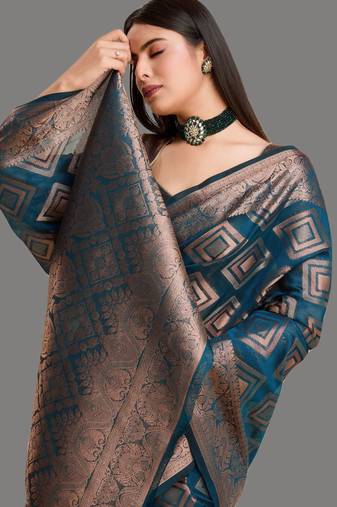 Dark blue organza woven zari work saree with blouse