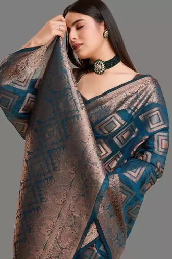 Dark blue organza woven zari work saree with blouse