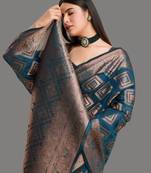 Dark blue organza woven zari work saree with blouse