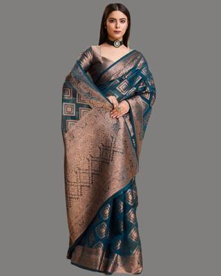 Dark blue organza woven zari work saree with blouse 2