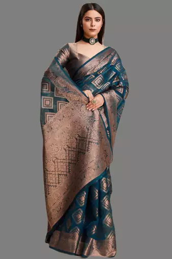 Dark blue organza woven zari work saree with blouse