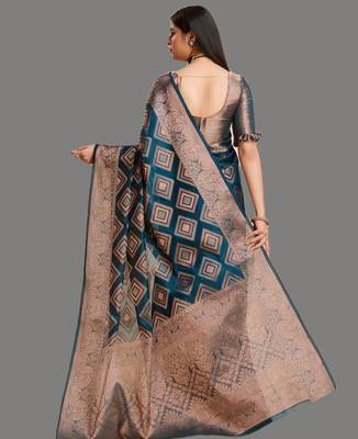 Dark blue organza woven zari work saree with blouse 3