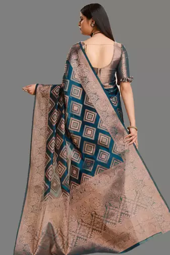 Dark blue organza woven zari work saree with blouse