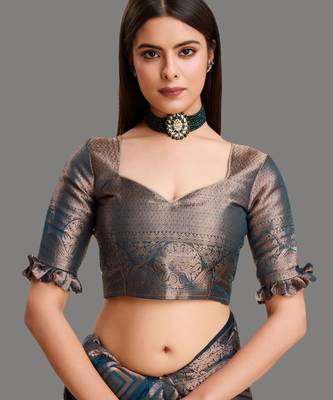 Dark blue organza woven zari work saree with blouse 4