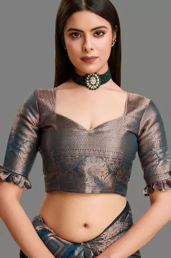 Dark blue organza woven zari work saree with blouse