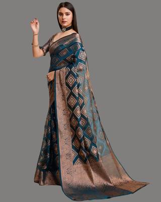 Dark blue organza woven zari work saree with blouse 5