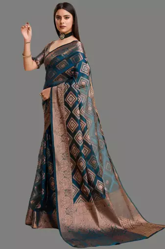 Dark blue organza woven zari work saree with blouse