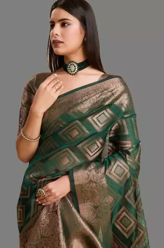Green organza woven zari work saree with blouse
