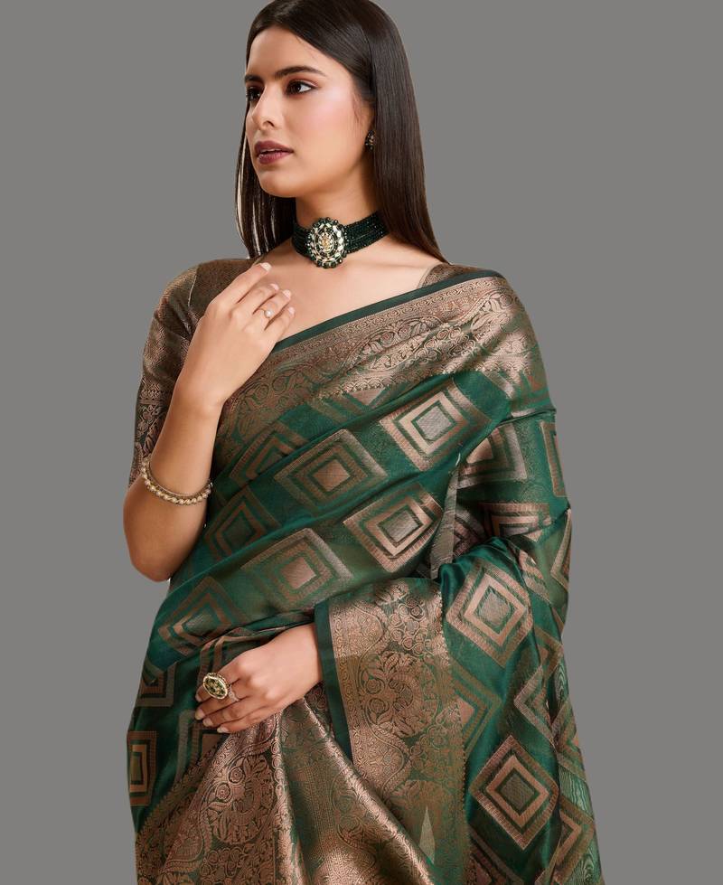 Green organza woven zari work saree with blouse