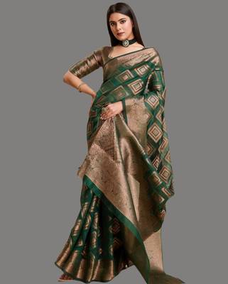 Green organza woven zari work saree with blouse 2