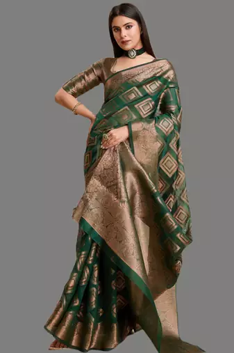 Green organza woven zari work saree with blouse