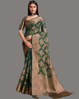 Green organza woven zari work saree with blouse 3