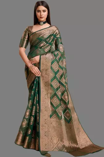 Green organza woven zari work saree with blouse