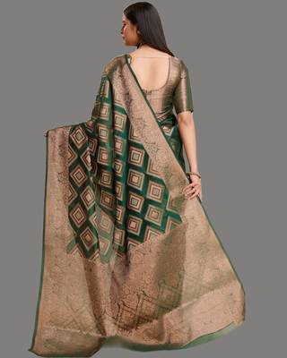 Green organza woven zari work saree with blouse 4