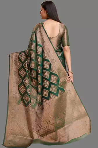 Green organza woven zari work saree with blouse