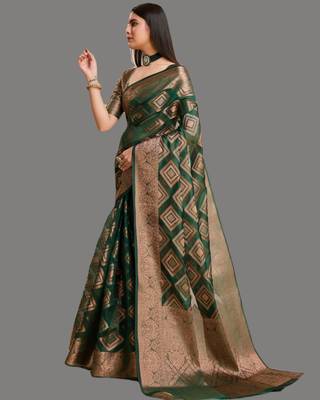 Green organza woven zari work saree with blouse 5