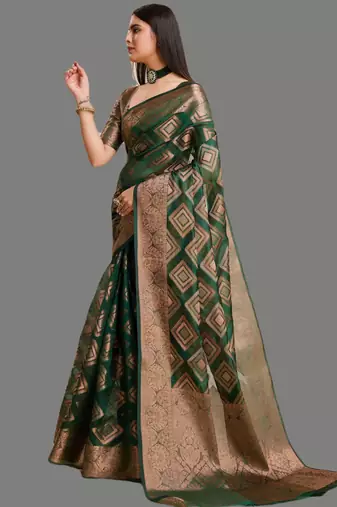 Green organza woven zari work saree with blouse