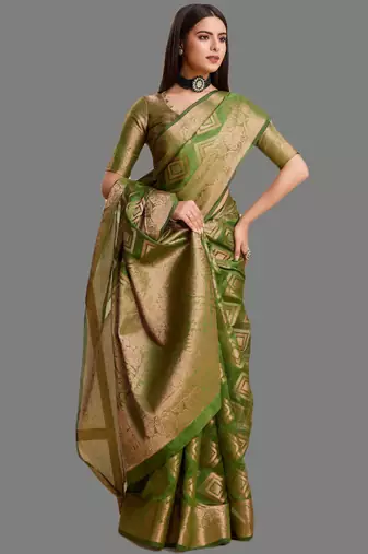 Dark green organza woven zari work saree with blouse