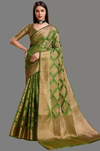 Dark green organza woven zari work saree with blouse