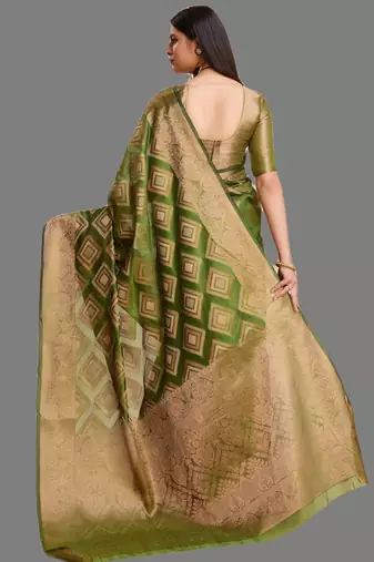 Dark green organza woven zari work saree with blouse