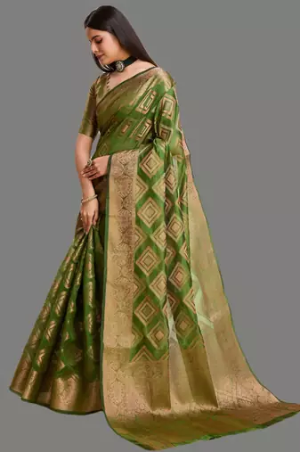 Dark green organza woven zari work saree with blouse