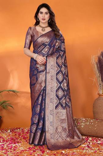 Dark blue gold organza woven zari work saree with blouse