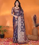 Dark blue gold organza woven zari work saree with blouse