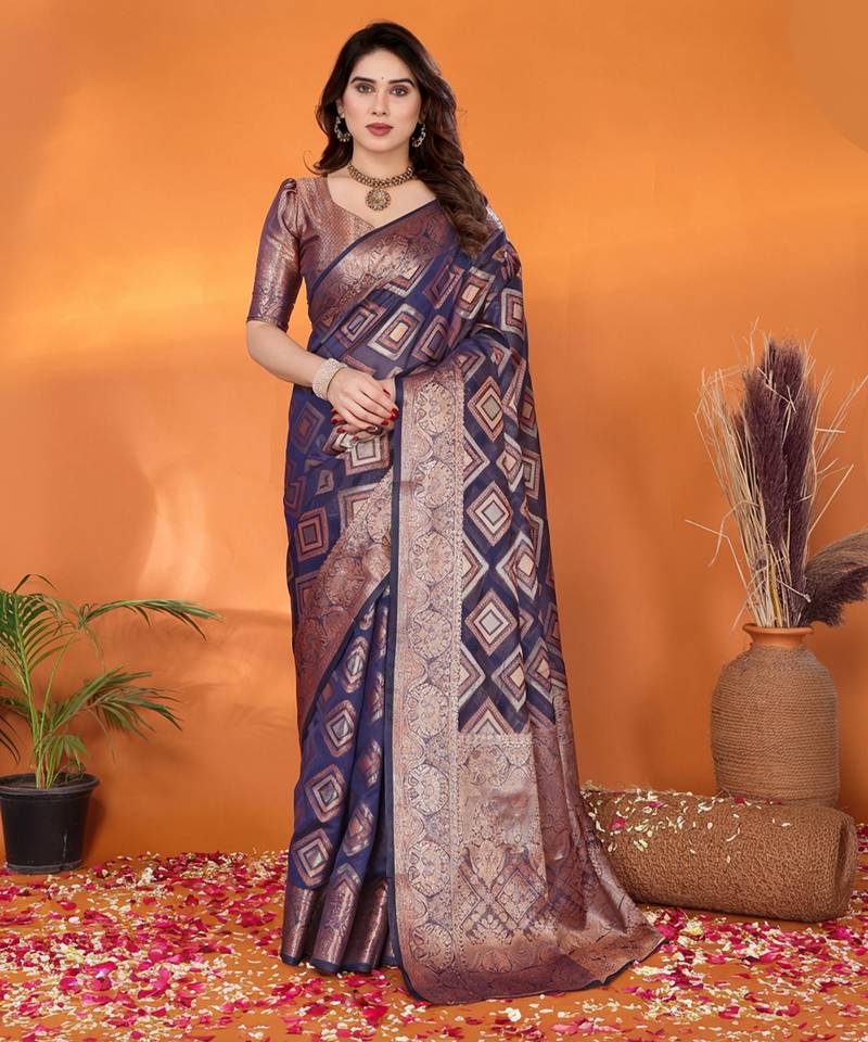 Dark blue gold organza woven zari work saree with blouse