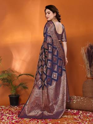 Dark blue gold organza woven zari work saree with blouse 2