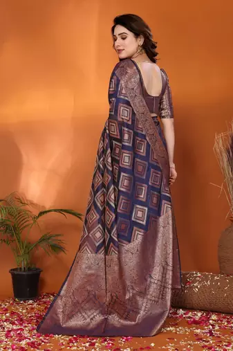 Dark blue gold organza woven zari work saree with blouse