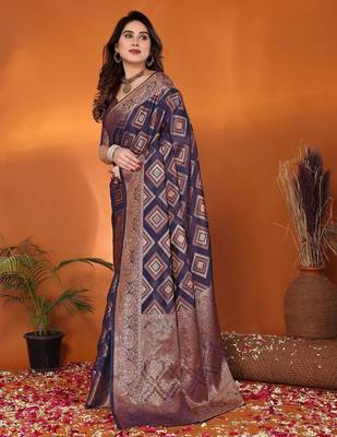 Dark blue gold organza woven zari work saree with blouse 3