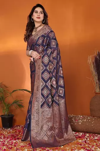 Dark blue gold organza woven zari work saree with blouse