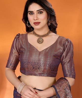 Dark blue gold organza woven zari work saree with blouse 4