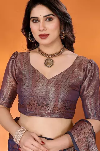 Dark blue gold organza woven zari work saree with blouse