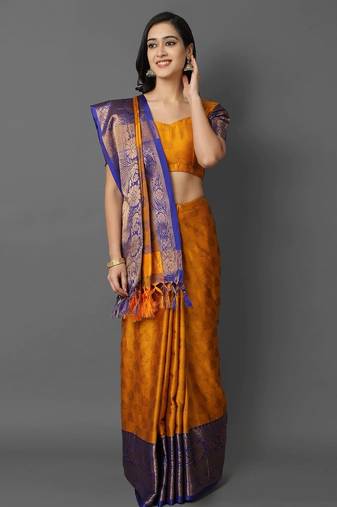Gold blue blended cotton woven zari work saree with blouse