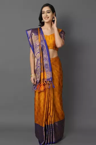 Gold blue blended cotton woven zari work saree with blouse
