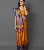 Gold blue blended cotton woven zari work saree with blouse