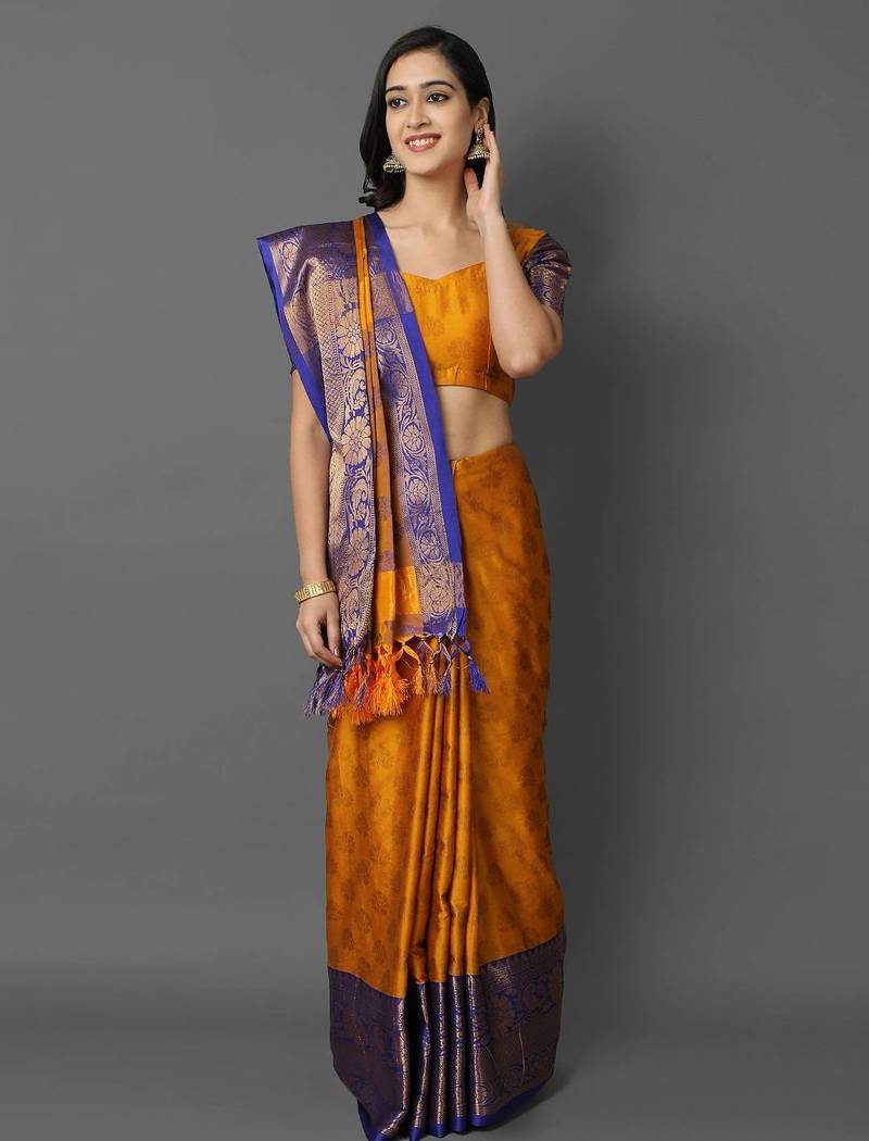 Gold blue blended cotton woven zari work saree with blouse