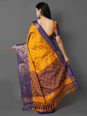 Gold blue blended cotton woven zari work saree with blouse 2