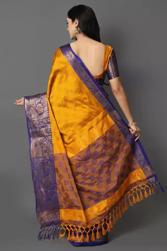 Gold blue blended cotton woven zari work saree with blouse