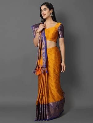 Gold blue blended cotton woven zari work saree with blouse 3